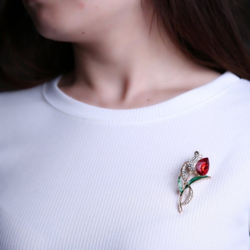 Red Tulip Rhinestone Brooch New